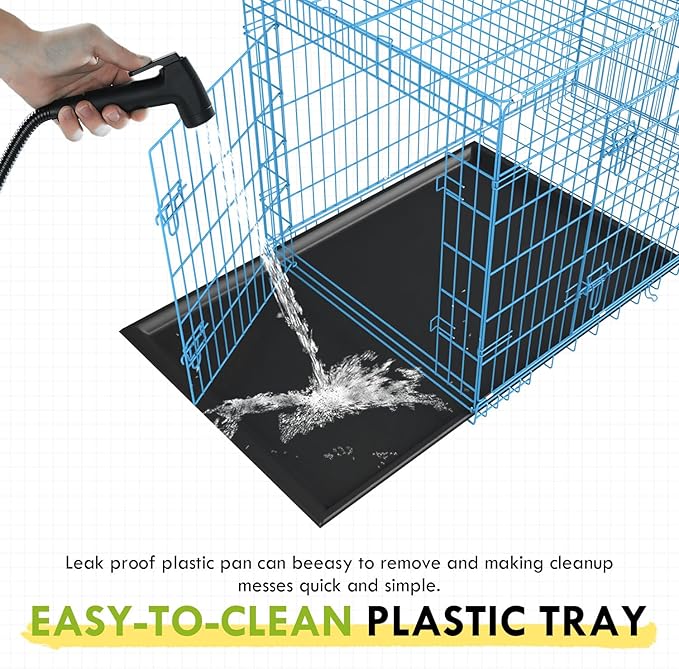 PayLessHere Large Dog Crate Kennel for Medium Large Dogs Metal Dog Cage Double-Door Folding Travel Indoor Outdoor Puppy Playpen with Divider and Handle Plastic Tray (42 Inch, Blue)