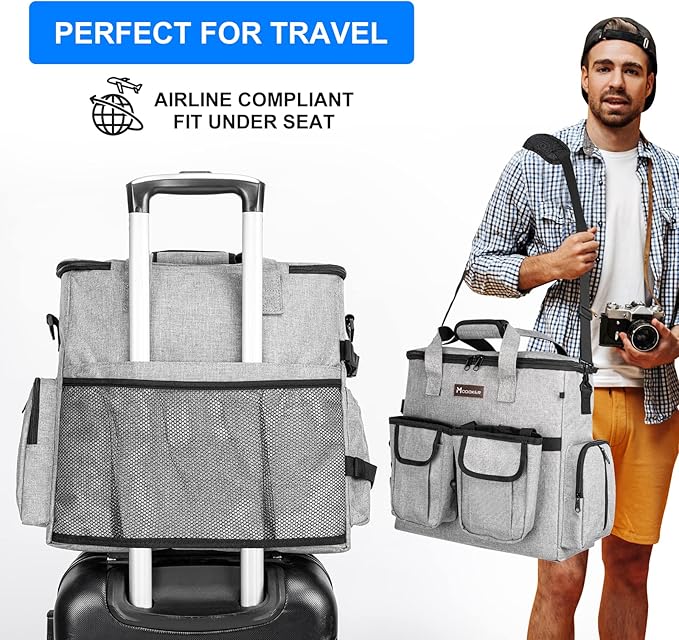 Airline Approved Dog Travel Bag with 2 Dog Treat Training Pouches, Dog Tote Organizer for Weekend Pet Travel Supplies & Accessories, 2 Collapsible Dog Bowls, 2 Travel Dog Food Container (Grey)