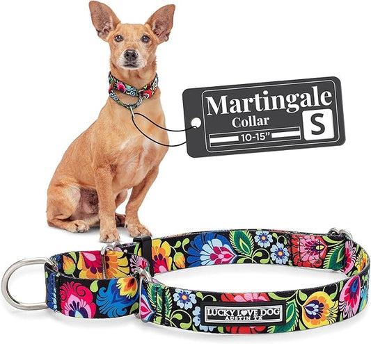 Lucky Love Dog Martingale Dog Collar - Adjustable, No-Slip, Durable, & Soft Webbing Dog Collar for Male and Female Dogs Ideal for Training & Walking - Stylish Blackbird Pattern, Small Size