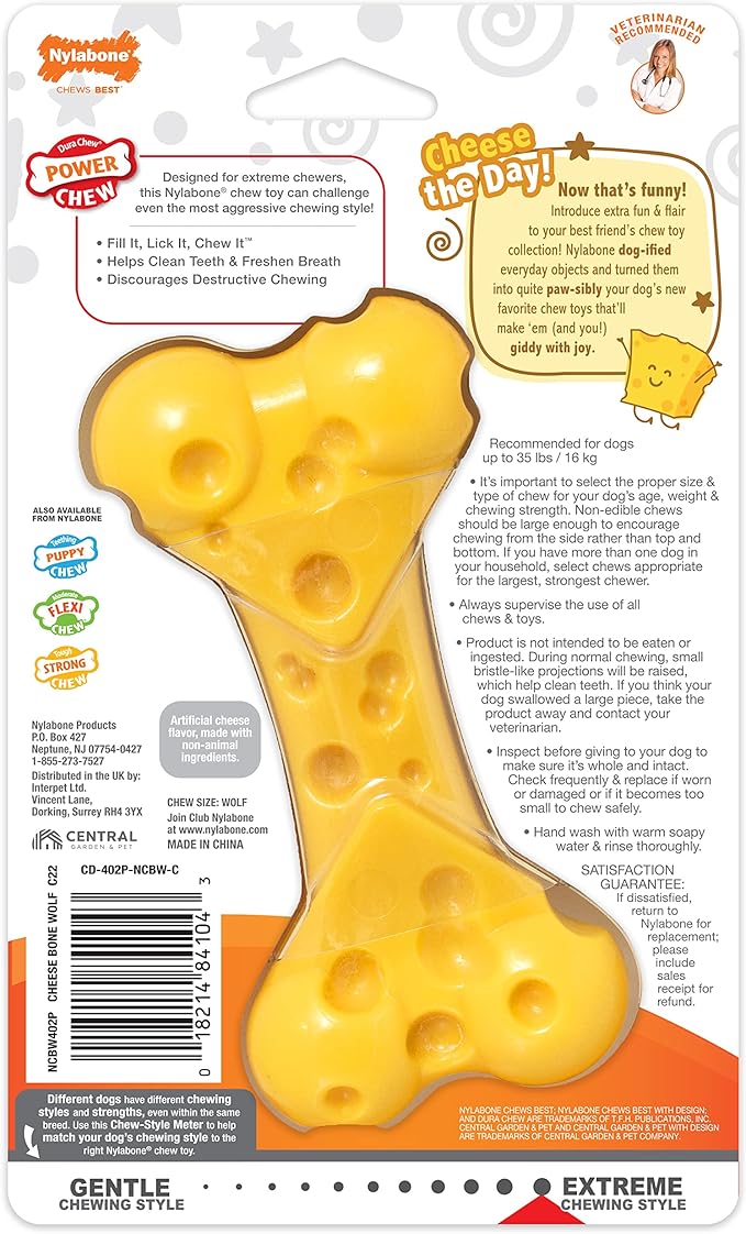 Nylabone Power Chew Cheese Bone Dog Chew Toy, Cute Dog Toys for Aggressive Chewers, Cheese Flavor, Medium/Wolf (1 Count)