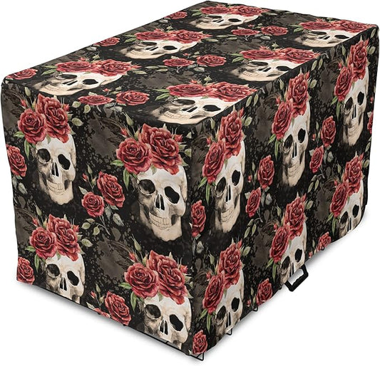 Lunarable Halloween Dog Crate Cover, Mexican Sugar Skull Rose Bouquets Spooky Traditional Humour Culture, Easy to Use Pet Kennel Cover for Small Dogs Puppies Kittens, 22 Inch, Black Grey
