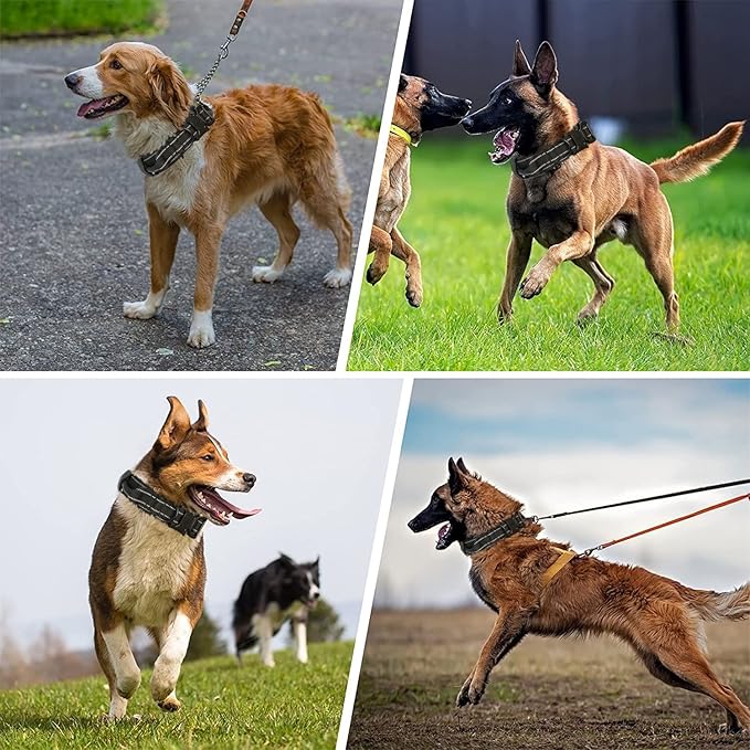 KCUCOP Tactical Dog Collar, Heavy Duty Dog Collar with Handle and Metal Buckle, Military Thick Dog Collars for Medium and Large Dogs(Black-L-Reflective, 1 Patch)