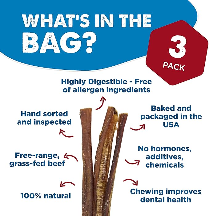 Best Bully Sticks 12 Inch All-Natural Bully Sticks for Dogs - 12” Easily Digestible, 100% Grass-Fed Beef, Grain and Rawhide Free | 3 Pack Trial Size