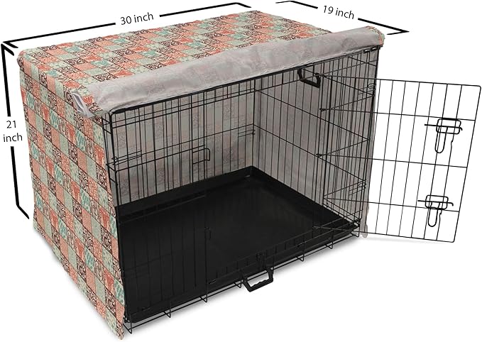 Lunarable Geometric Dog Crate Cover, Western Style Floral Motifs with Vintage Look in Checks, Easy to Use Pet Kennel Cover for Cats & Medium Dogs, 30 Inch, Brown Vermilion