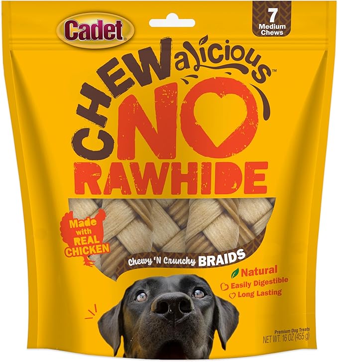 Cadet Chewalicious Chewy 'N Crunchy Braid Dog Treats, Limited Ingredient Rawhide-Free Dog Chews, Long-Lasting Made with Real Chicken, 7 Count (Pack of 1)