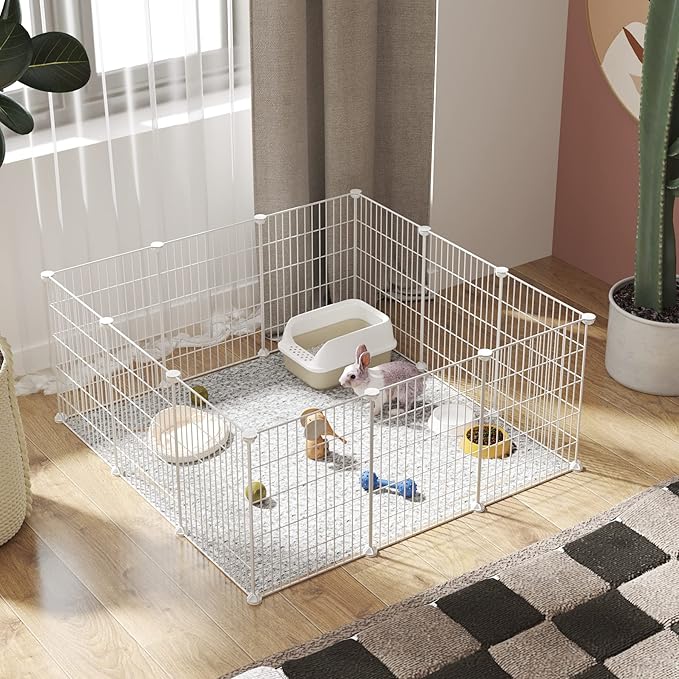 C&AHOME Pet Playpen, Small Animals Supplies, 12 Panels Exercise Playpens Cage, C Grids Portable Yard Fence Indoor, Ideal for Guinea Pigs, Puppy Pet Products, DIY Metal Playpens, 12" × 15" White
