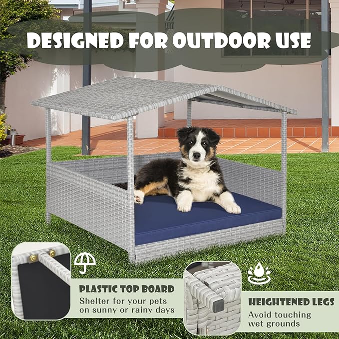 Giantex Wicker Dog House, Raised Rattan Dog Bed with Waterproof Roof, Washable Cushion Cover, Steel Frame, Indoor Outdoor Elevated Dog Bed Pet House for Small Medium Dogs Cats, Easy Assembly