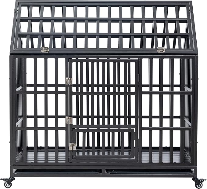 48" Metal Dog Cage with 4 Lockable Casters, Heavy Duty Inoor Dog Kennel with Doors and Roof for Large or Medium Dogs, Black