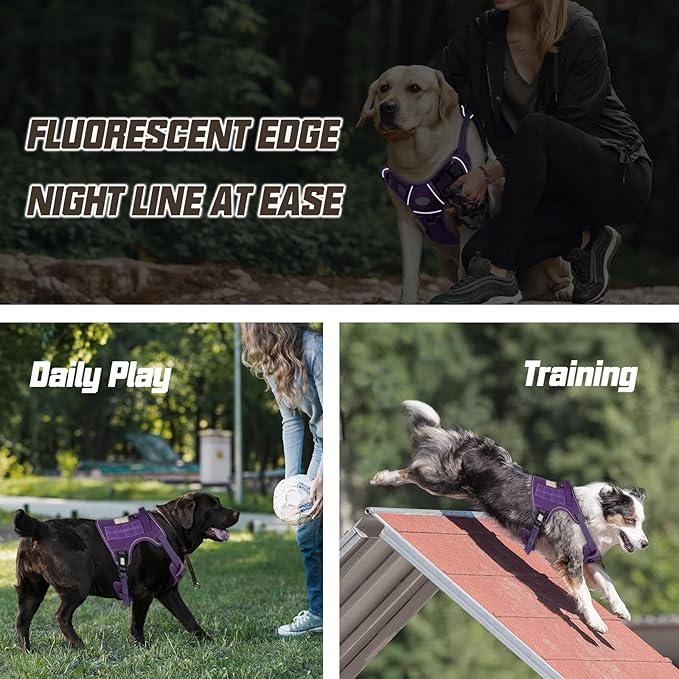 AUROTH Tactical Dog Harness for Large Dogs No Pull Adjustable Pet Harness Reflective K9 Working Training Easy Control Pet Vest Military Service Dog Harnesses Purple M