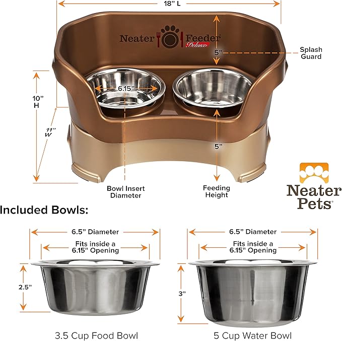 Neater Feeder Deluxe Mess Proof Dog Bowls Elevated Medium Sized Dog Breed – Made in USA – No Spill Raised Dog Food Bowl Stand – Stainless Steel Food and Water Bowl Set, Pet Feeding Station, Bronze