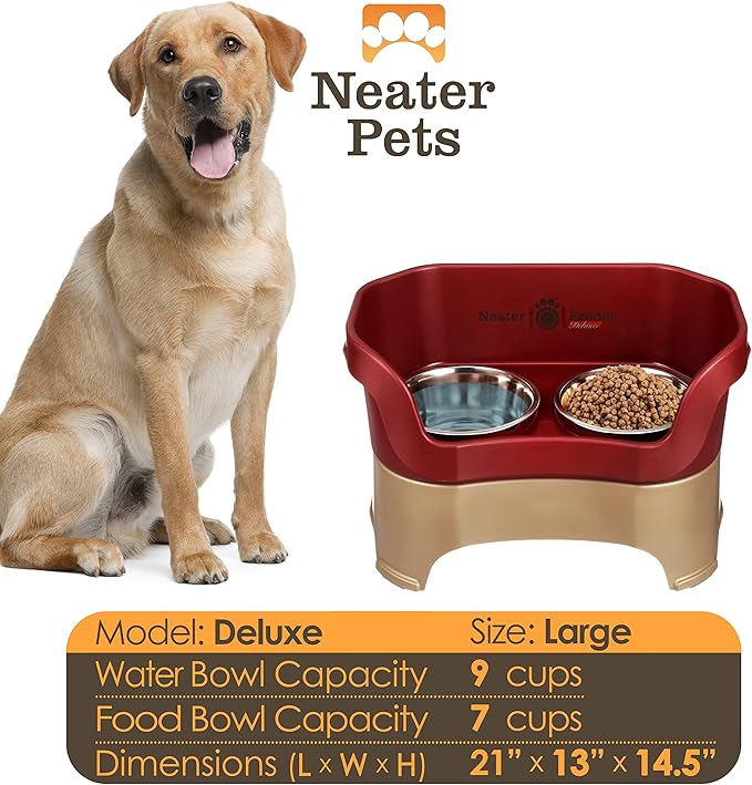 Neater Feeder Deluxe Mess Proof Dog Bowls Elevated for Large Breed – Made in USA – No Spill Raised Dog Food Bowl Stand – Stainless Steel Food and Water Bowl Set, Pet Dish Feeding Station, Cranberry