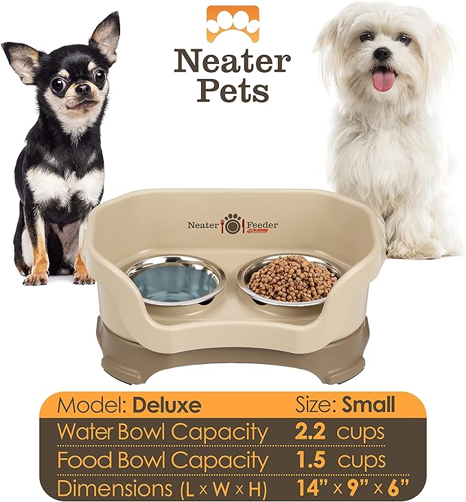 Neater Feeder Deluxe Mess Proof Dog Bowls Elevated for Small Breed – Made in USA – No Spill Raised Dog Food Bowl Stand – Stainless Steel Food and Water Bowl Set, Pet Feeding Station, Cappuccino