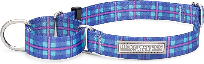 Lucky Love Dog, Blue and Violet Plaid Martingale Dog Collar, Premium No Slip Dog Collar, Martingale Collar for Male Female Dogs - (Large, Scotty Mart)