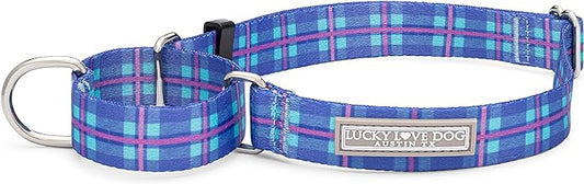 Lucky Love Dog, Blue and Violet Plaid Martingale Dog Collar, Premium No Slip Dog Collar, Martingale Collar for Male Female Dogs - (Small, Scotty Mart)