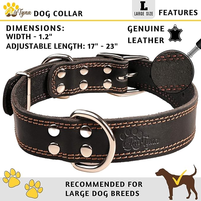 ADITYNA Heavy Duty Leather Dog Collar for Large Dogs - Soft and Strong Leather Dog Collar for Walking and Training (Large: Fit 17" - 23" Neck, Black)
