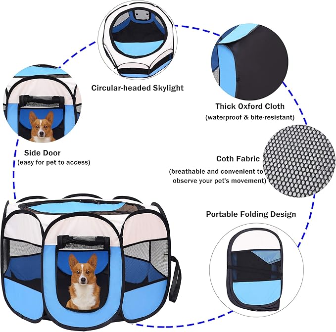 Mile High Life | Foldable Dog Playpen | Portable Dog Crate w Removable Shade Cover | Dog Kennel Indoor/Outdoor w Carry Case | Pen Tent for Dog/Cat/Rabbit(Blue, Small (29"x29"x17"))