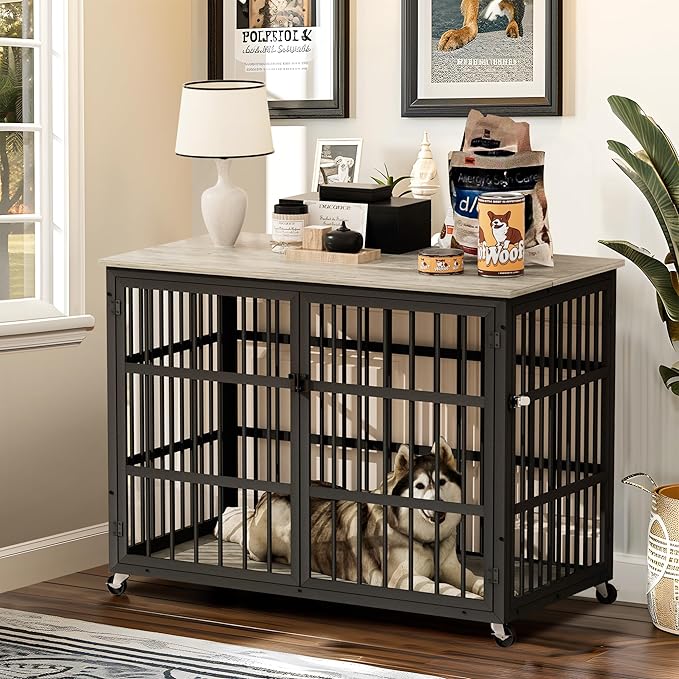 NicBex Dog Crate Furniture, 43.3" L Double Doors Flip-Top Kennel for Large Dogs, Grey