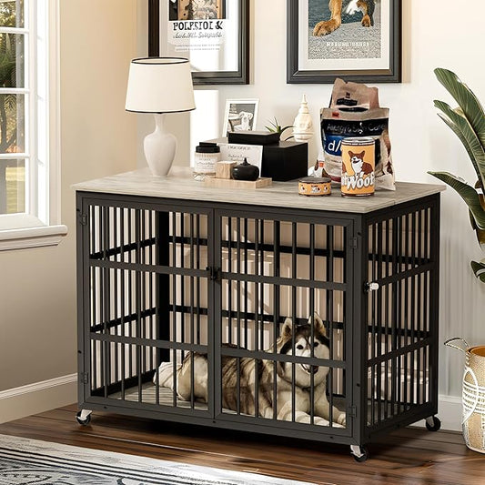 NicBex Dog Crate Furniture, 43.3" L Double Doors Flip-Top Kennel for Large Dogs, Grey
