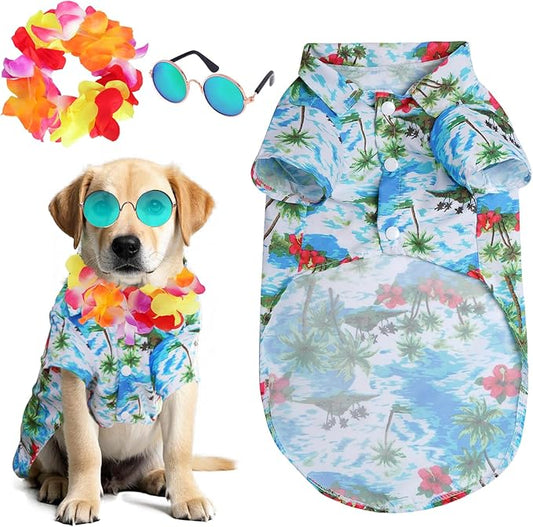 3Pieces Pet Dog Hawaiian Costume Summer Tropical Outfit Hawaiian Dog Shirt for Medium Pet Beach Seaside Casual Wear Parties Photo Event Decorations (XX-Large)