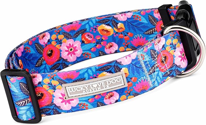Lucky Love Dog Wide Dog Collar - Adjustable, Durable, Soft Webbing, & Comfortable 1.5 inch Wide Collar for Dogs Male and Female - in Zuzu Pattern with Strong Buckle, Medium Size