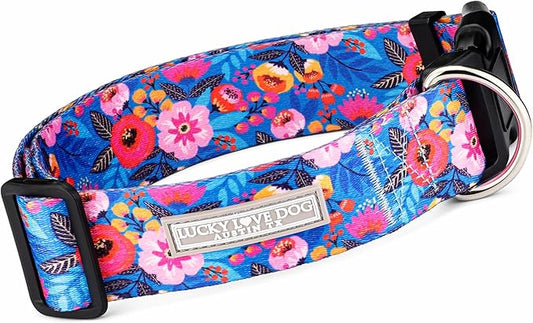 Lucky Love Dog Wide Dog Collar - Adjustable, Durable, Soft Webbing, & Comfortable 1.5 inch Wide Collar for Dogs Male and Female - in Zuzu Pattern with Strong Buckle, Medium Size