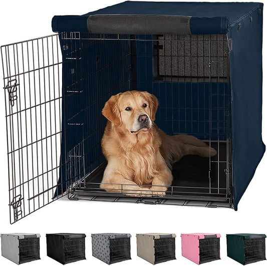 GORILLA GRIP Dog Crate Covers Compatible with Amazon Basics Dog Crates, All Sides Open, Privacy Cover Fits 42" Wire Kennel, Breathable Mesh Windows, Light Reducing Puppy Training Cage Topper, Navy