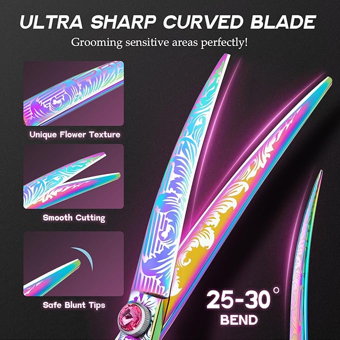 Dragon Creek 7"" Downward Curved Dog Grooming Scissors for Grooming Face and Paws Safety Shears Trimming Cutting Shears for Dog Cat Pet Grooming Rainbow