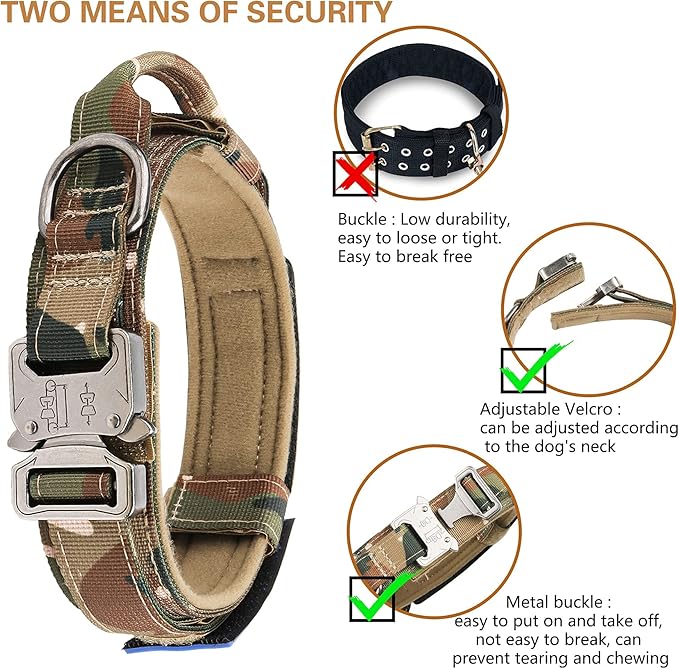 KCUCOP Tactical Dog Collar - Heavy Duty Dog Collar with Handle and Metal Buckle, Military Thick Dog Collars for Medium and Large Dogs(Upgrade Camo-L, 2 Patches)