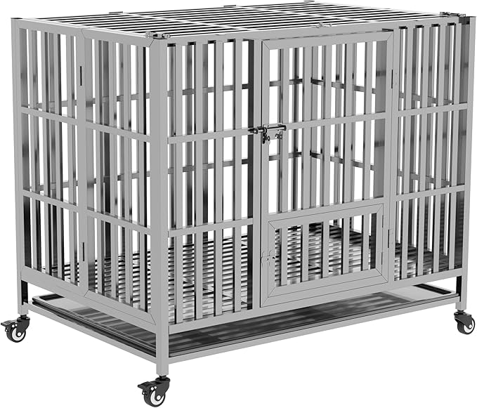 Collapsible Stainless Steel Dog Crate, 30" 37" 42" 48" Sizes, Lockable Wheel, with Tray, Stackable, Heavy Duty, Divider, Indoor and Outdoor (42in)