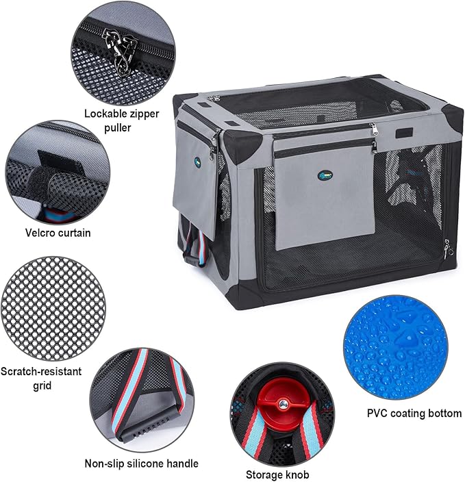 Ownpets Collapsible Dog Crate 26 Inch Portable Travel Dog Soft Crate with Detachable Storage Bag and Double-Sided Mat, 3-Door Dog Kennel for Indoor and Outdoor