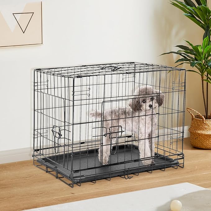 Double Door Dog Crate, Durable Metal Foldable Pet Crate with Secure Lock, Removable Tray for Easy Cleaning for Dogs Portable Pet Crate for Indoor, Outdoor, 30 Inch