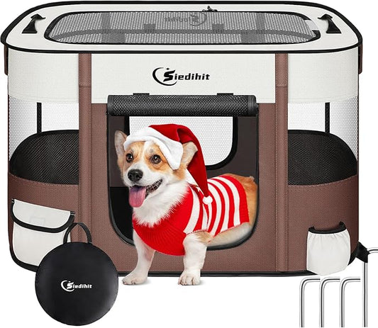 Dog Cat Playpen28/31/35in, Pet Puppy Portable Playpens for Outdoor Travel Crate, Indoor After Surgery Use, Foldable Dog Kennel Tent for Rabbit or Small Animals and Tent Stakes(Brown, Small)