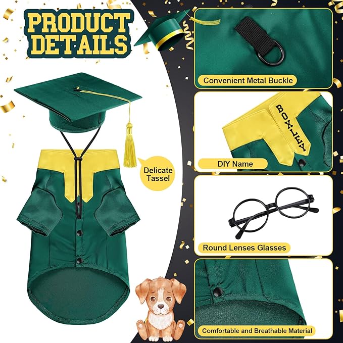 5 Pcs Dog Graduation Costume Set Include 2025 Pet Graduation Gown with Stole Puppy Grad Cap Lensless Glasses DIY Letter Stickers for Dogs Cats Holiday Costume Accessory(Green Yellow,L)
