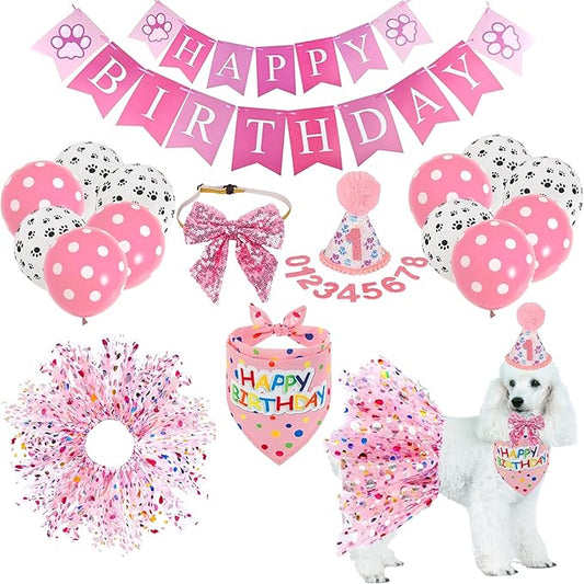 Dog Birthday Bandana Hat Girl Dogs Birthday Party Supplies Red Bowtie Dogs Tutu Skirt for Girl Dog Birthday Decorations