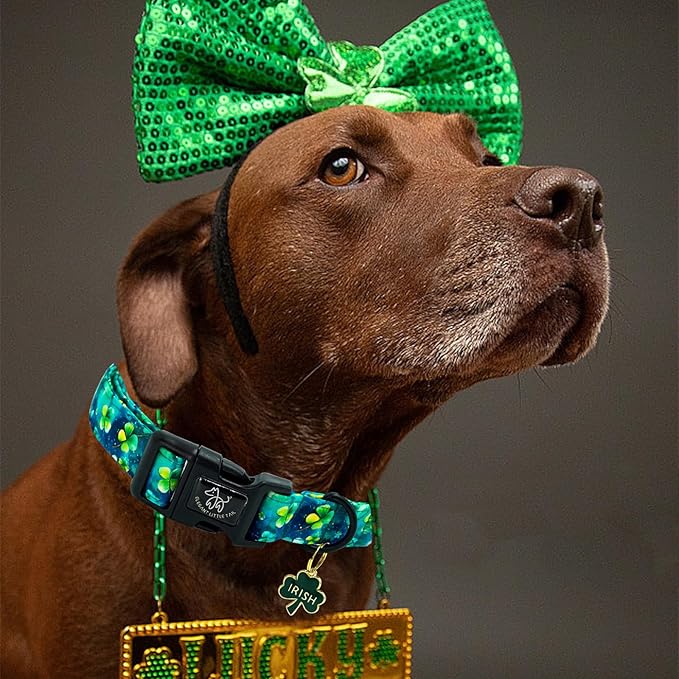 Elegant little tail St Patrick's Day Dog Collar-Green Cute Colver Cotton Shamrock Pet Collar Trefoil Holiday Adjustable Cotton Pet Collar with Quick Release Buckle for Small Medium Large Dogs