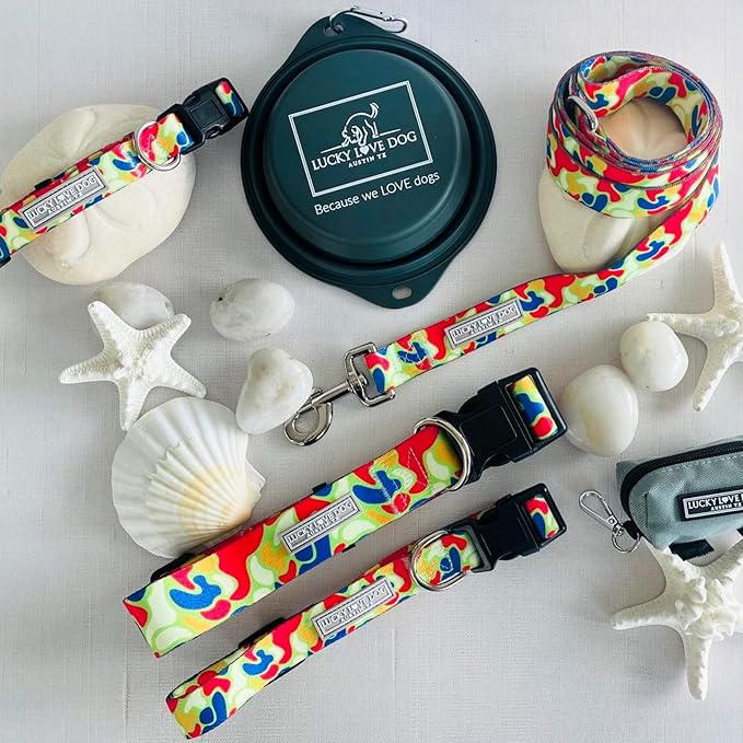 Lucky Love Dog Patterned Dog Collar & Leash - Adjustable, Durable, Soft Webbing, & Comfortable Dog Collar & Leash Set for Male and Female Dogs - in Oscar Pattern with Strong Buckle, Medium Size