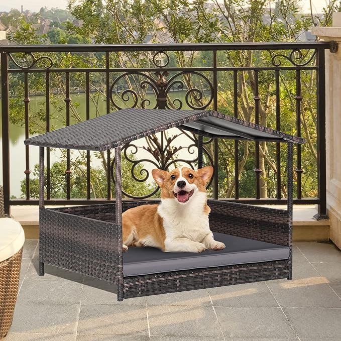 Giantex Wicker Dog House, Raised Rattan Dog Bed with Waterproof Roof, Washable Cushion Cover, Steel Frame, Indoor Outdoor Elevated Dog Bed Pet House for Small Medium Dogs Cats, Easy Assembly
