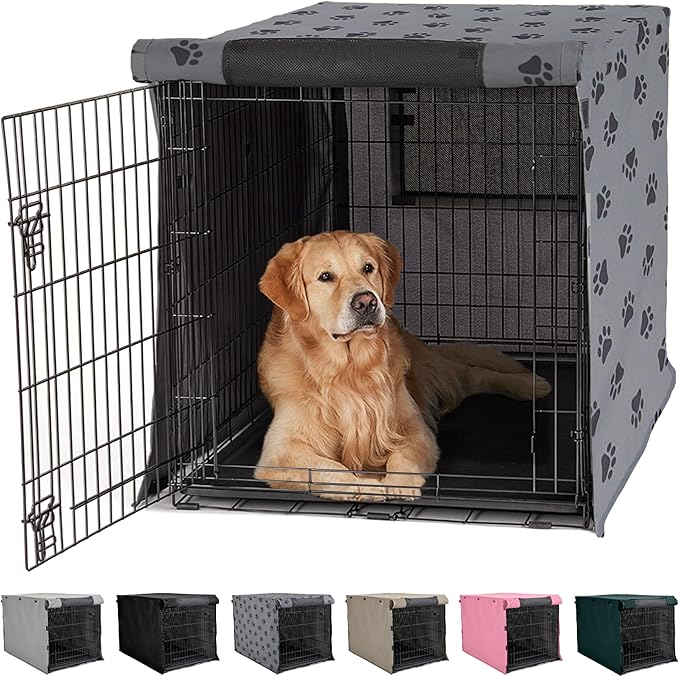 GORILLA GRIP Dog Crate Covers compatible with Amazon Basics Dog Crates, All Sides Open, Privacy Cover Fits 42" Wire Kennel, Breathable Mesh Windows, Light Reducing Puppy Training Cage Topper, Gray Paw