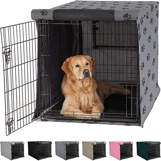 GORILLA GRIP Dog Crate Covers compatible with Amazon Basics Dog Crates, All Sides Open, Privacy Cover Fits 42" Wire Kennel, Breathable Mesh Windows, Light Reducing Puppy Training Cage Topper, Gray Paw