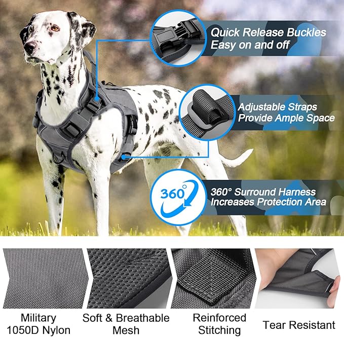 WINGOIN Grey Tactical Dog Harness Vest for Small Dogs No Pull Adjustable Reflective K9 Military Dog Service Dog Harnesses with Handle, Hook & Loop Panels for Walking, Hiking, Training(S)