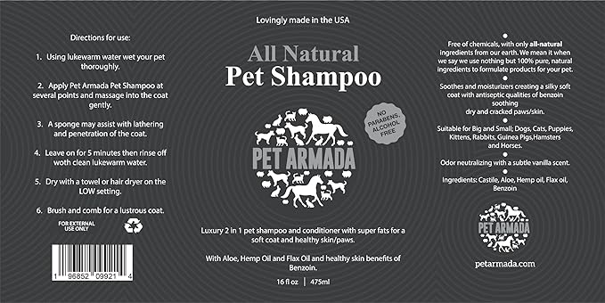 Pet Armada Pet Shampoo - All Natural - Benzoin Antiseptic Qualities - Aloe for The Skin and Flaxseed Oil and Hempseed Oil for The Coat, Vanilla Scent - Made in The USA