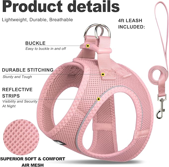 Fida Comfy Dog Harness with Leash, Soft Puppy Vest Escape Proof, Breathable Lightweight Soft Mesh, Adjustable Reflective Step-in Harness for Small Pet Walking (S, Pink)