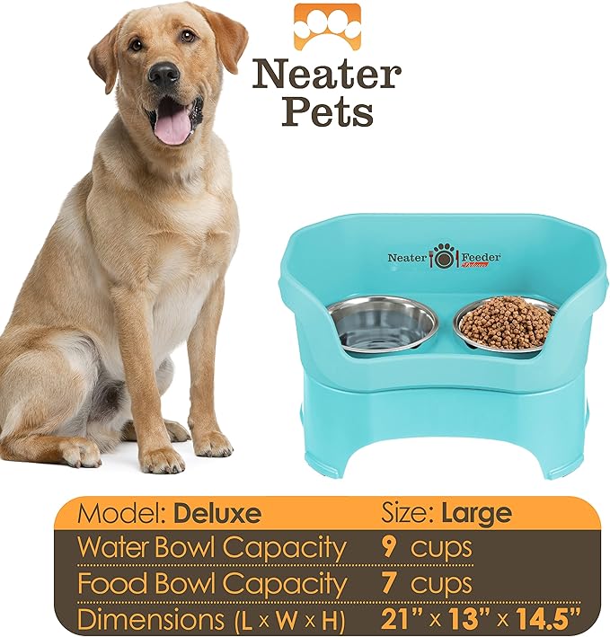 Neater Feeder Deluxe Mess Proof Dog Bowls Elevated for Large Breed – Made in USA – No Spill Raised Dog Food Bowl Stand – Stainless Steel Food and Water Bowl Set, Pet Dish Feeding Station, Aquamarine