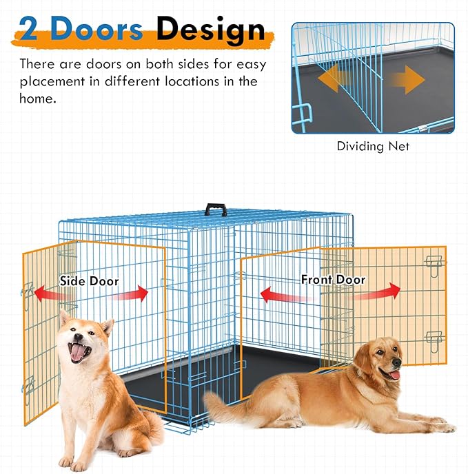 PayLessHere Large Dog Crate Kennel for Medium Large Dogs Metal Dog Cage Double-Door Folding Travel Indoor Outdoor Puppy Playpen with Divider and Handle Plastic Tray (48 Inch, Blue)