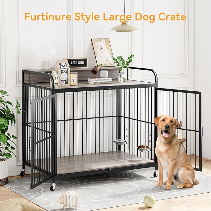 GAOMON 48" Dog Kennel Furniture for Large Dogs,Large Dog Crate, Wooden Heavy Duty, Dog Crate Indoor with Adjustable Height Bowls, 48" L X 29.9" W X 44.3" H,Grey