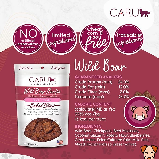 Caru - Soft n’ Tasty Baked Bites - Wild Boar Bites Dog Treats - Flavorful Training Treats - 3.75 oz Bags - Pack of 3