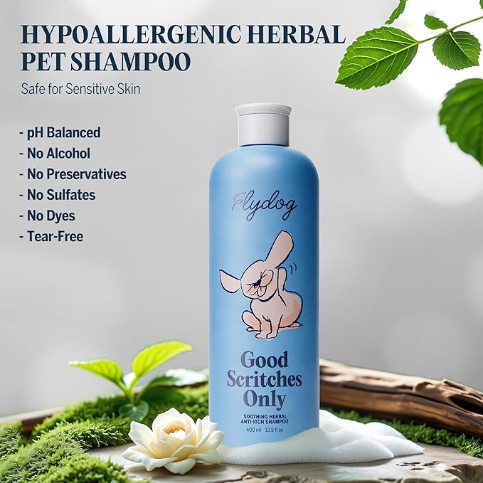 FLYDOG Dog Cat Shampoo with Brush: Natural Herbal Hypoallergenic Pet Shampoo, Deshedding Dandruff Control Deodorizing Moisturizing for Dry Flaky Smelly Skin, Perfect for Puppies Kittens