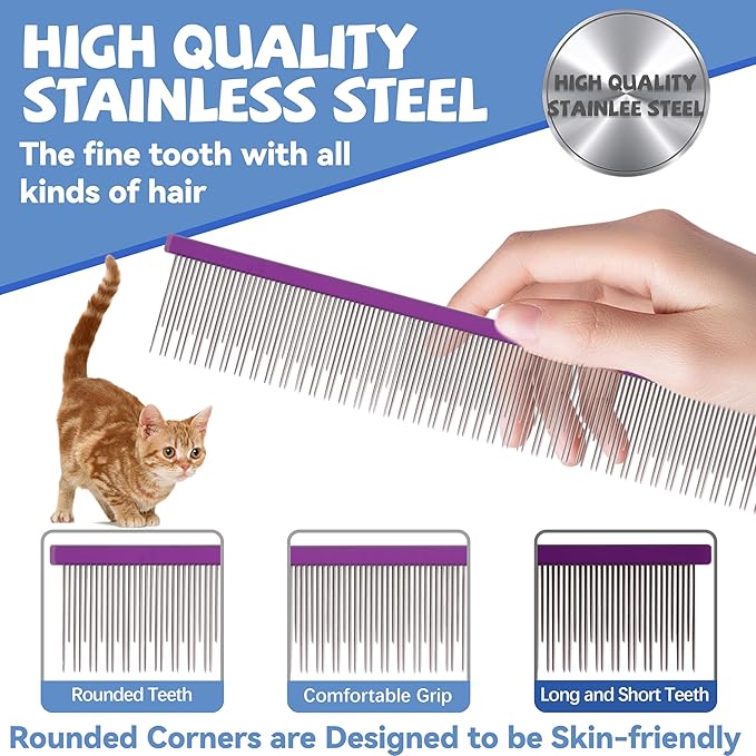 8.5 Inch Dual Tooth Pet Comb for Mats and Tangles，Poratable Grooming Dematting Comb for Indoor long-haired cats and dogs,Pet Family Supplies,Removing Tangles,Knots,Undercoat and Excess Hair