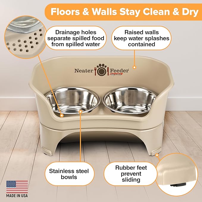 Neater Feeder - Express Model - Mess-Proof Dog Bowls (Medium/Large, Almond) – Made in USA – Elevated, No Spill, Non-Tip, Non-Slip, Raised Stainless Steel Food & Water Pet Bowls