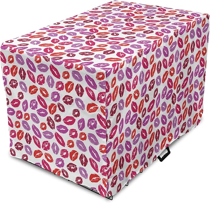 Lunarable Kiss Dog Crate Cover, Fun Colorful Design Lipsticks Kisses Fashion Illustration Print Artwork, Easy to Use Pet Kennel Cover for Medium Large Dogs, 18 Inch, Fuchsia and Raspberry